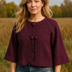 Women's Burgundy Sweater Jacket. 3/4 Length Sleeve. Button Closure. Sz L. Lined
